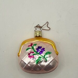 Vintage Inge Glas German Blown Glass Pink Purse Flowers Christmas Ornament Decor